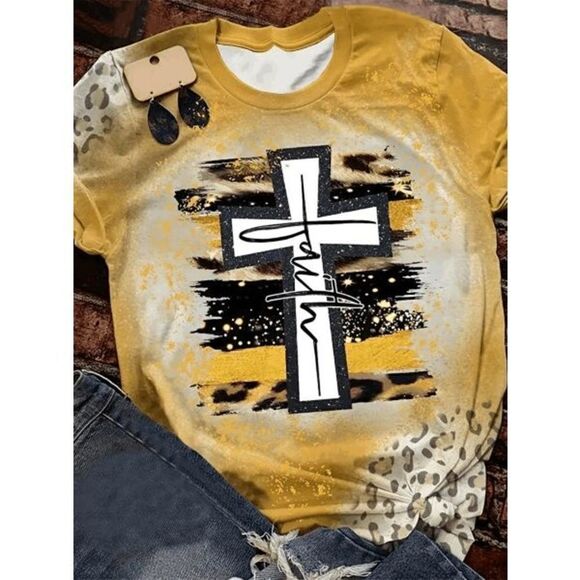 Women's Western Top Tee Shirt Cross Faith in Yellow Black Leopard Print - L - Picture 2 of 3